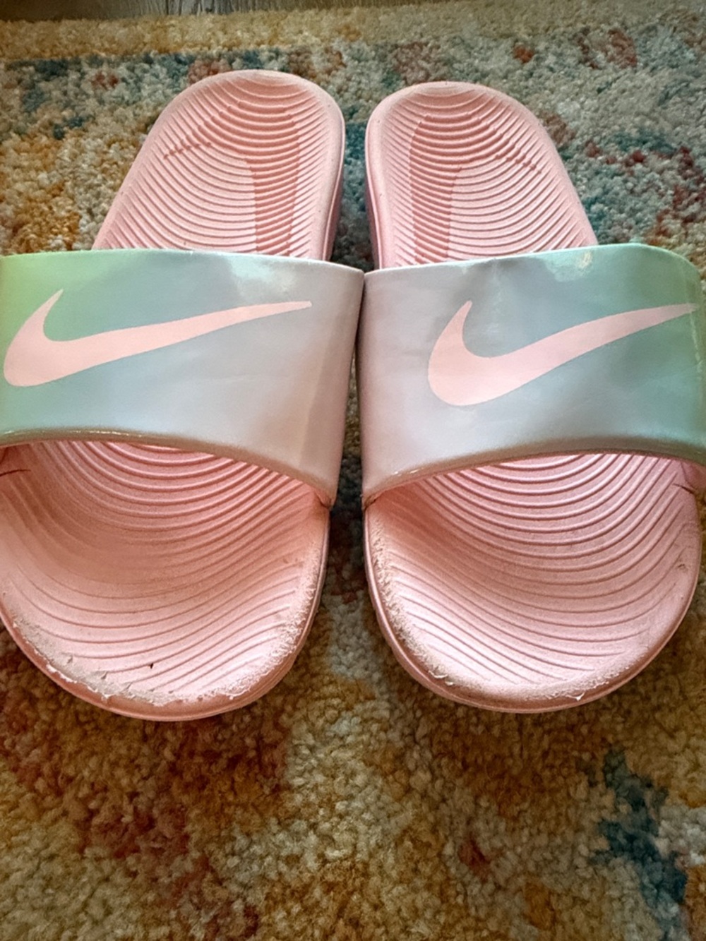 Nike 5Y Well-loved Pastel Pink and Iridescent Slide Sandals